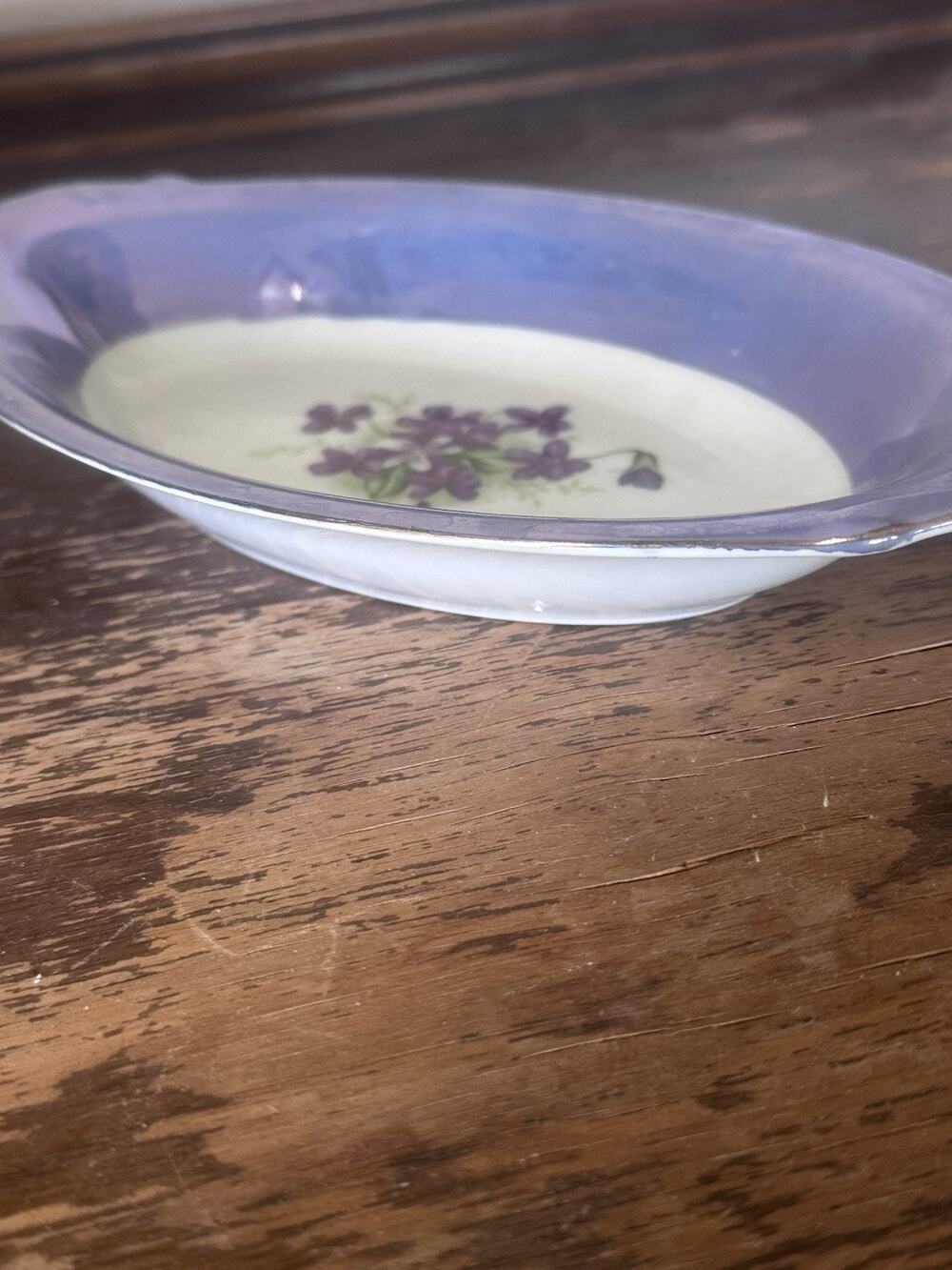 Vintage Blue Lusterware Oval Relish Dish Purple Violets Floral Tray Japan 8.5"